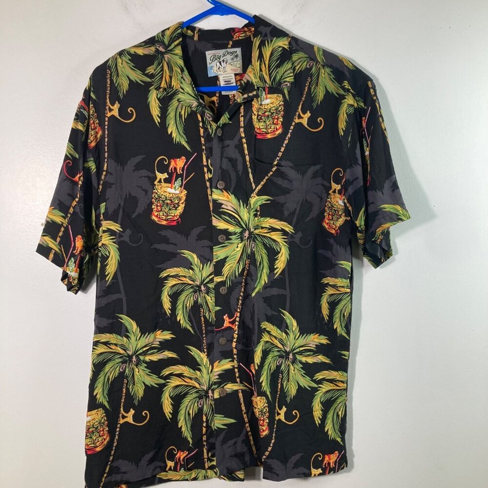 Mens Big Dogs Hawaiian Shirt Palm Tree Monkey Cocktail Print‎ Black Rayon S